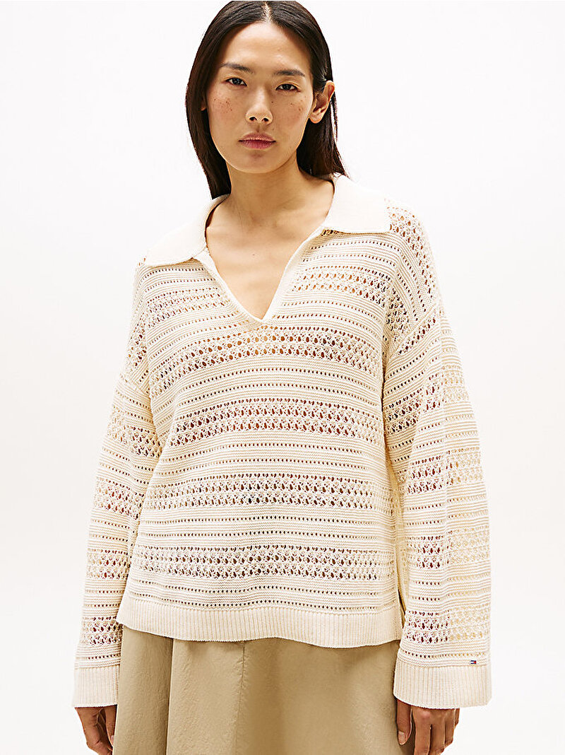 Kadın Crochet Relax Polo Kazak Bej  WW0WW46524ACH