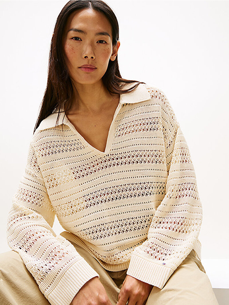 Kadın Crochet Relax Polo Kazak Bej  WW0WW46524ACH