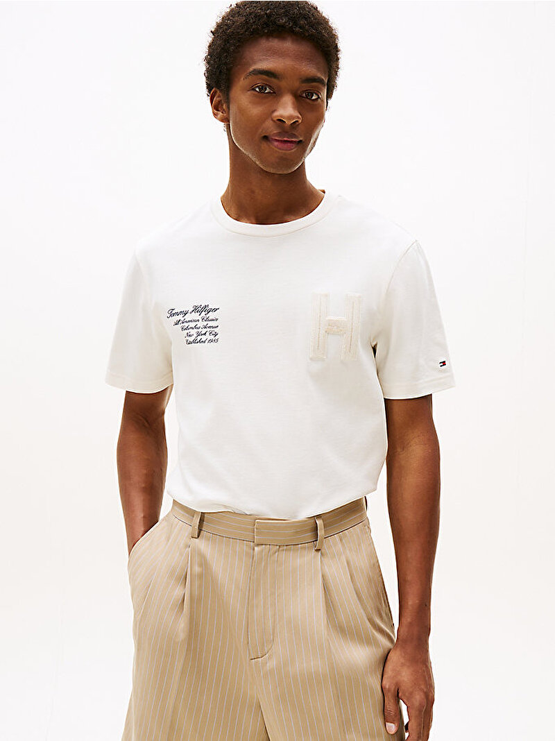 Erkek Varsity Hilfiger T-shirt Ekru MW0MW39364Z00