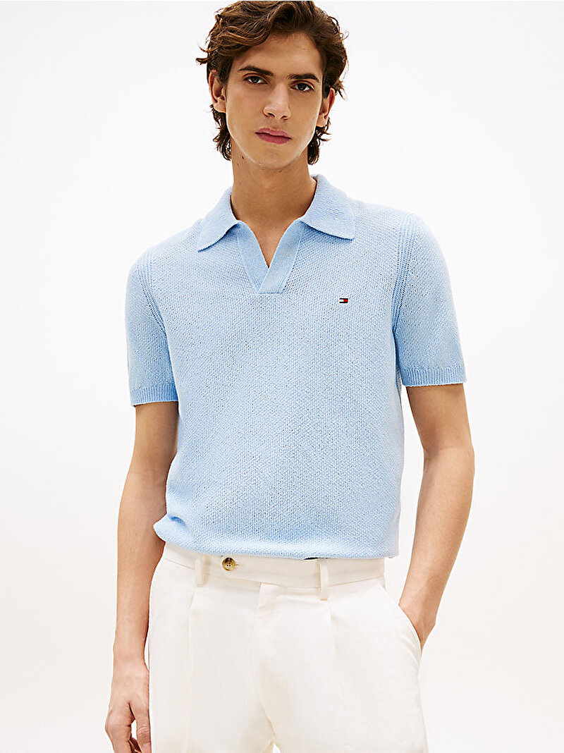 Erkek Knitted Textured Polo T-shirt Mavi  MW0MW39531C1O