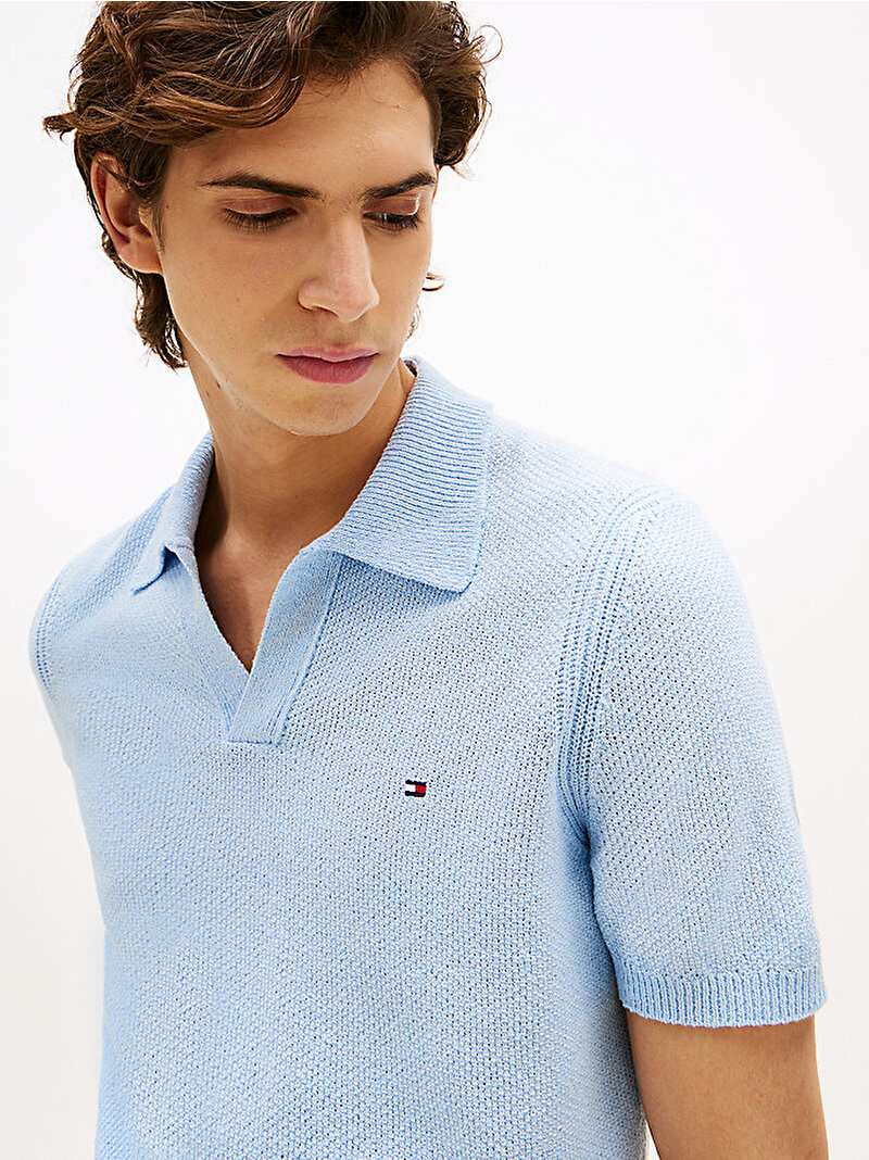Erkek Knitted Textured Polo T-shirt Mavi  MW0MW39531C1O