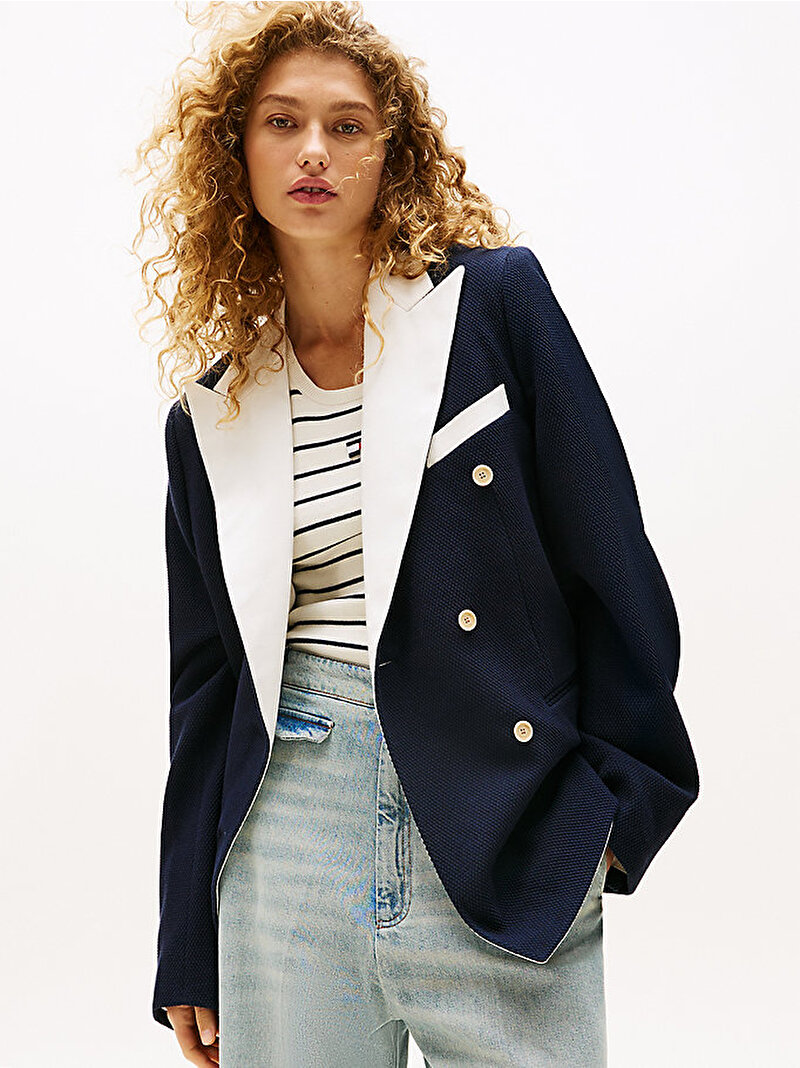 Kadın Textured Double Blazer Lacivert THQ6261503850