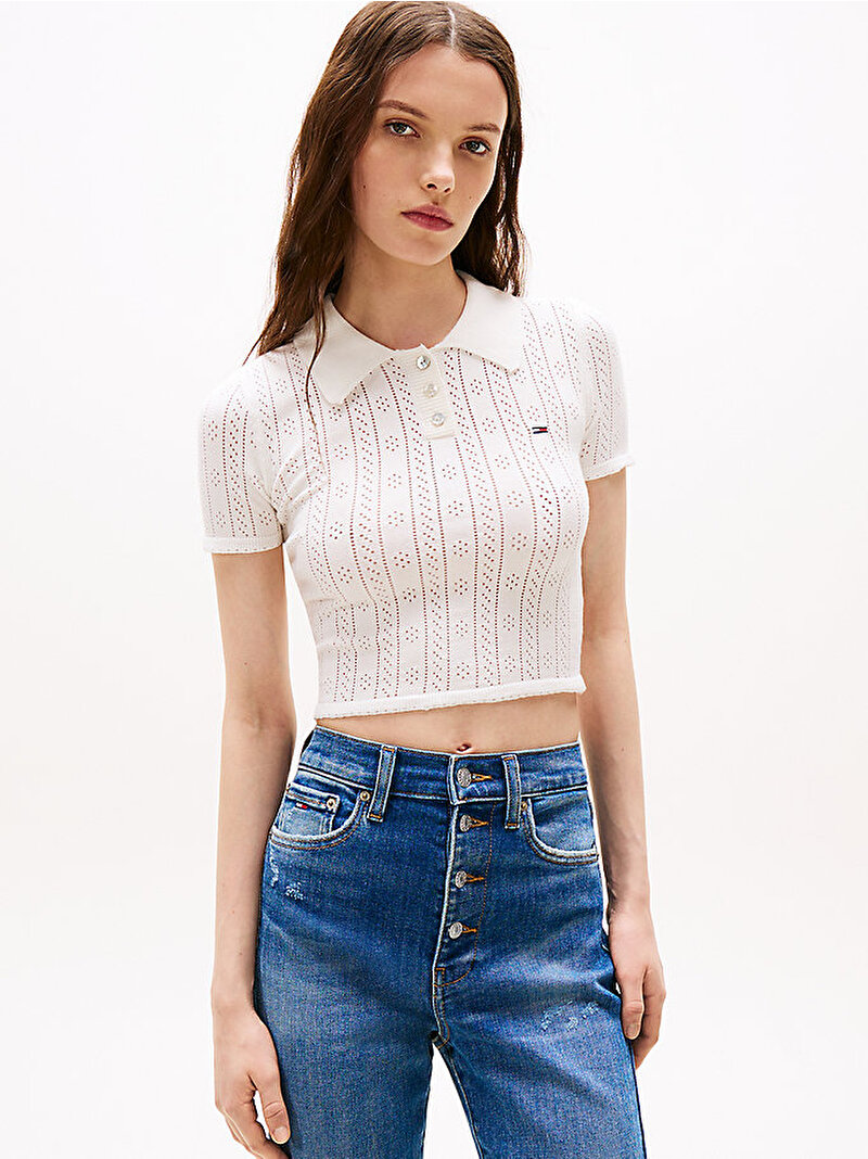 Kadın TJW Pointelle Polo T-shirt Ekru DW0DW20965YBL