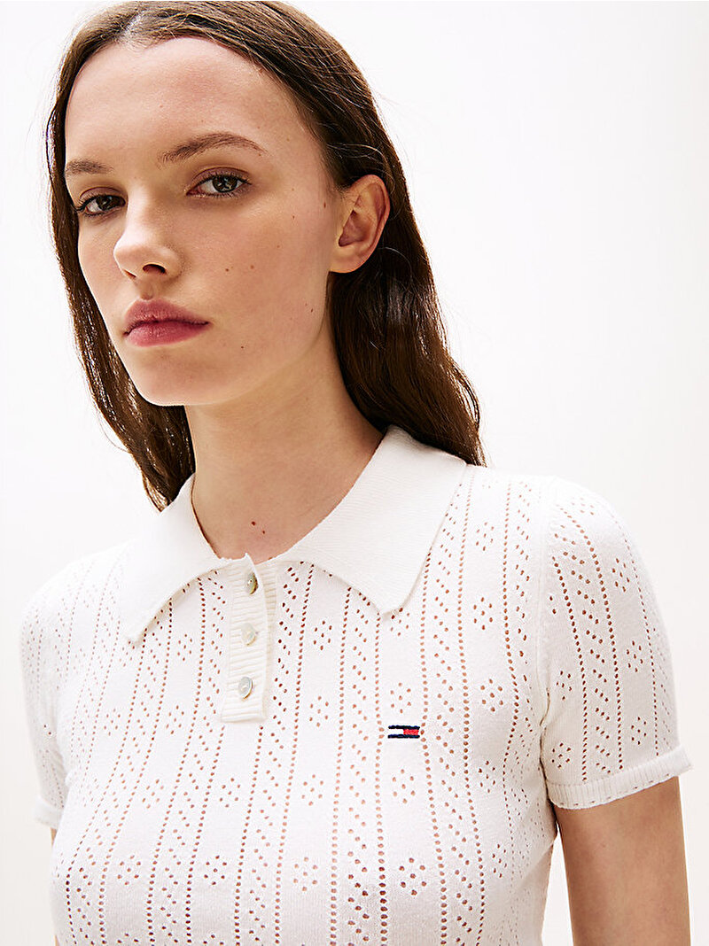 Kadın TJW Pointelle Polo T-shirt Ekru DW0DW20965YBL