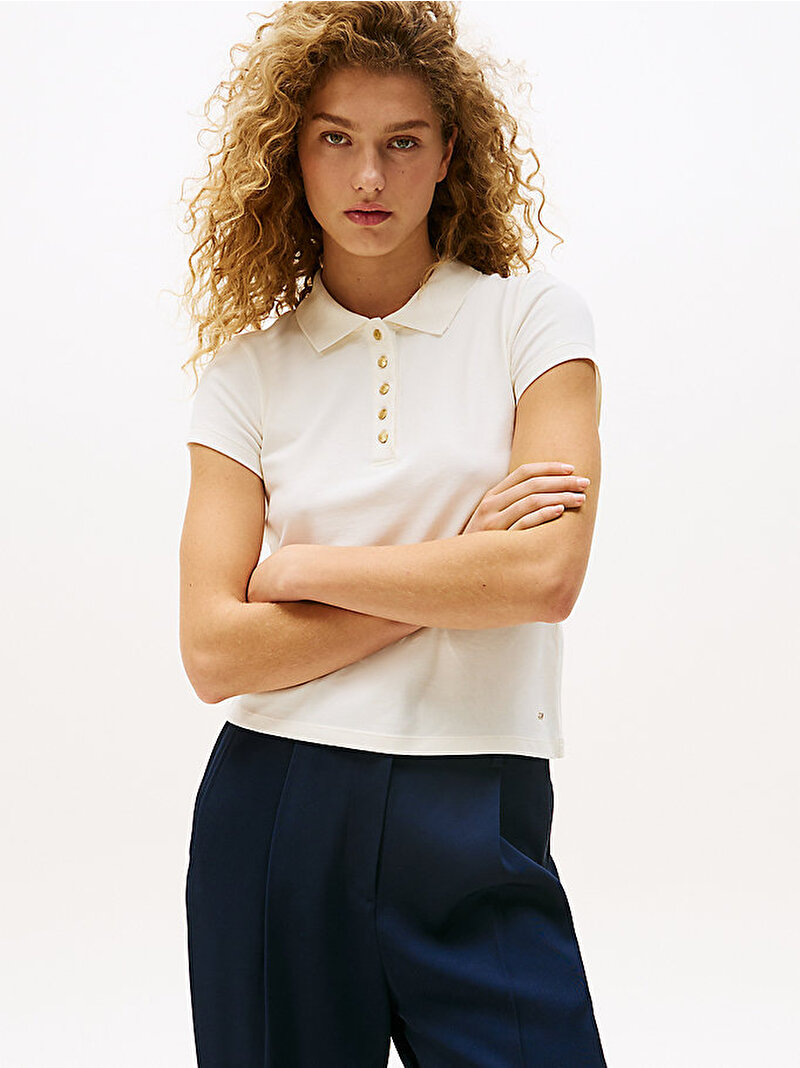 Kadın Gold Button Slim Polo T-shirt Beyaz  WW0WW45768YA8