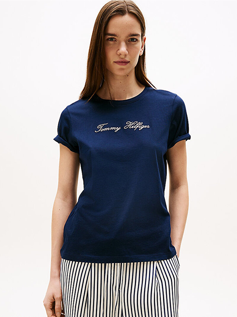 Kadın Lurex Script Regular C-Neck T-shirt Lacivert WW0WW47210C1G