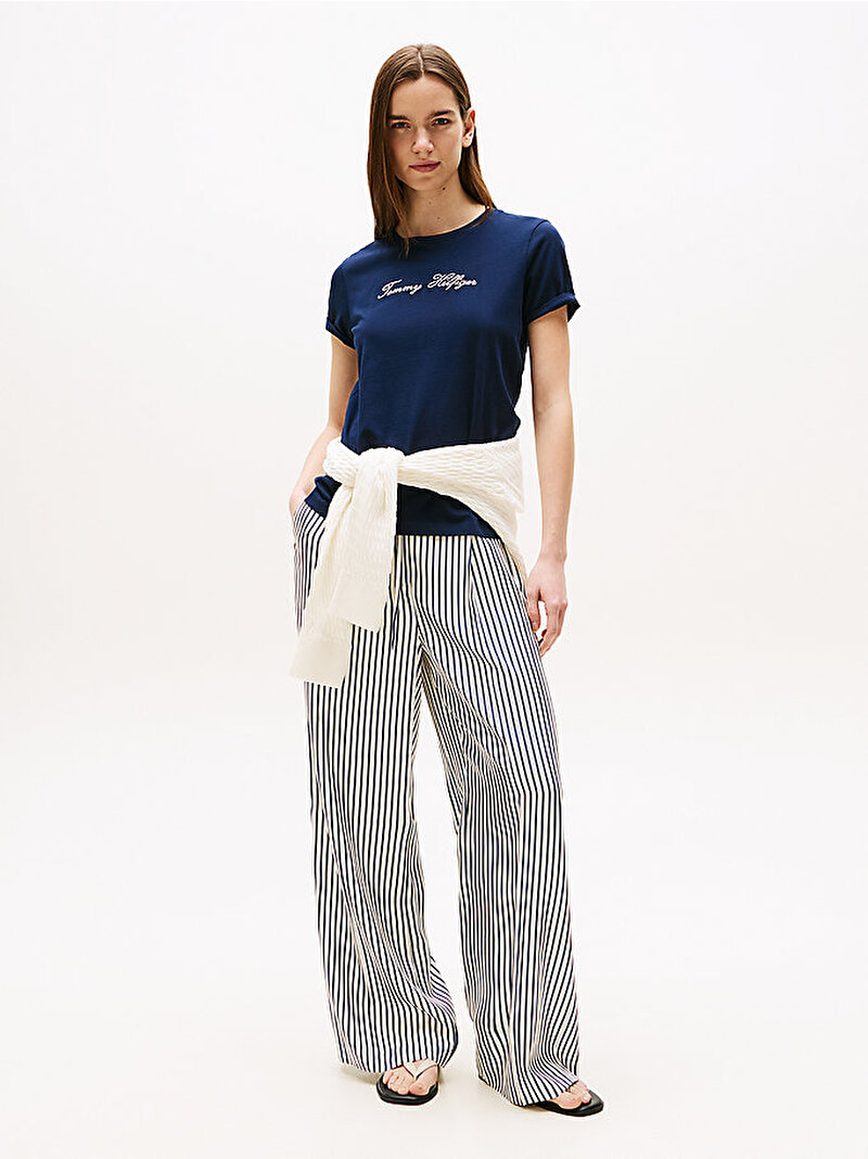 Kadın Lurex Script Regular C-Neck T-shirt Lacivert WW0WW47210C1G
