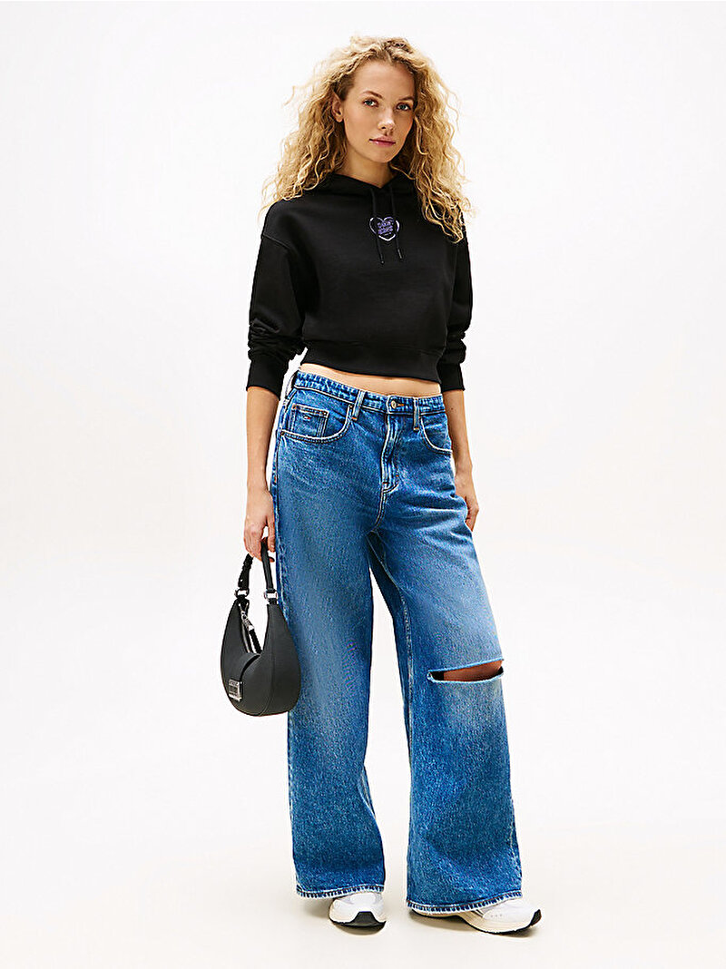 Kadın TJW Relax Crop Heart Hoodie Siyah DW0DW21408BDS