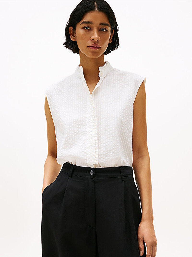 Kadın Seersucker Ruffle Gömlek Ekru WW0WW468050FO