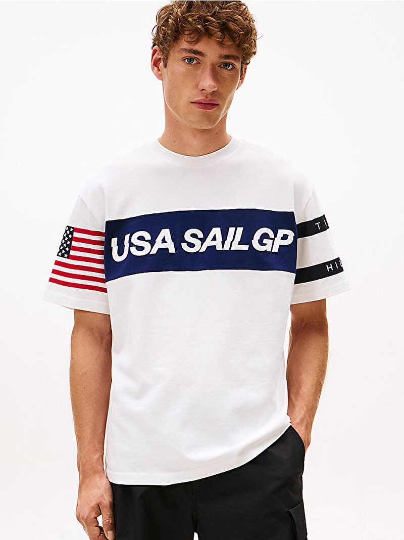 Erkek Tommy x U.S. Sail GP Team Colour-Blocked Relaxed T-Shirt Ekru MW0MW41418YBL