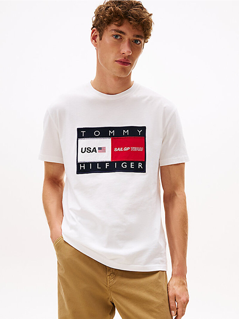 Erkek Tommy x U.S. Sail GP Team Logo Applique T-shirt Ekru MW0MW41419YBL