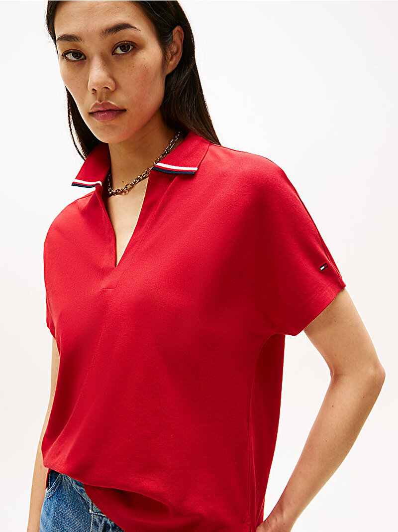 Kadın Lyocell Tipping Open Polo T-shirt Kırmızı WW0WW46512XLD