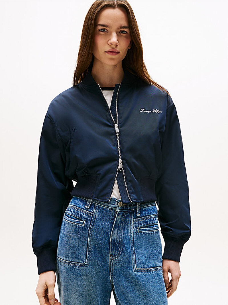 Kadın Nylon Regular Cropped Bomber Ceket Lacivert WW0WW45634C1G
