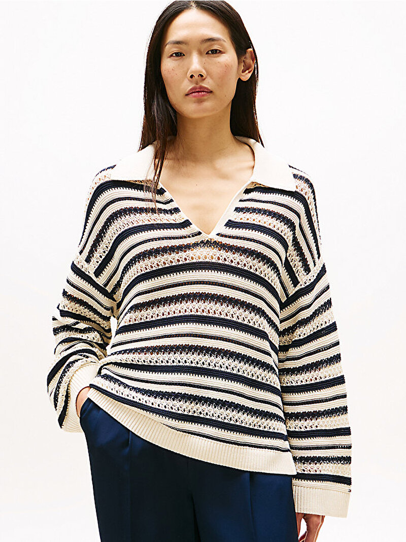Kadın Crochet Relax Polo Yaka Kazak Lacivert WW0WW465240AF