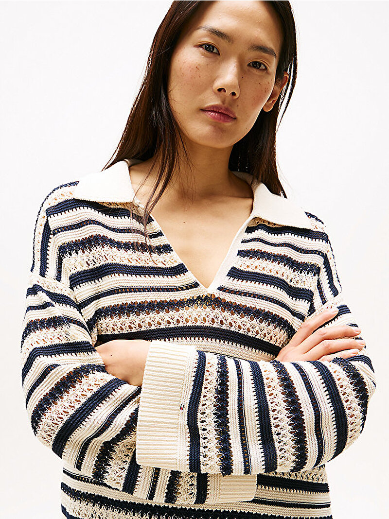 Kadın Crochet Relax Polo Yaka Kazak Lacivert WW0WW465240AF