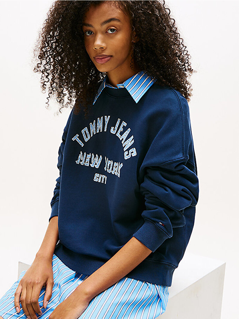 Kadın TJW Boxy Varsity Oversize Sweatshirt Lacivert DW0DW21202C1G