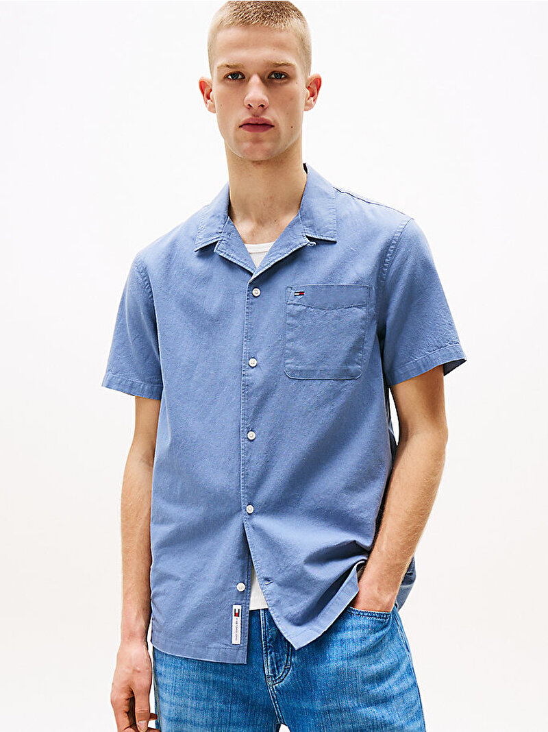 Erkek TJM Linen Blend Camp Gömlek Mavi  DM0DM20895PO6