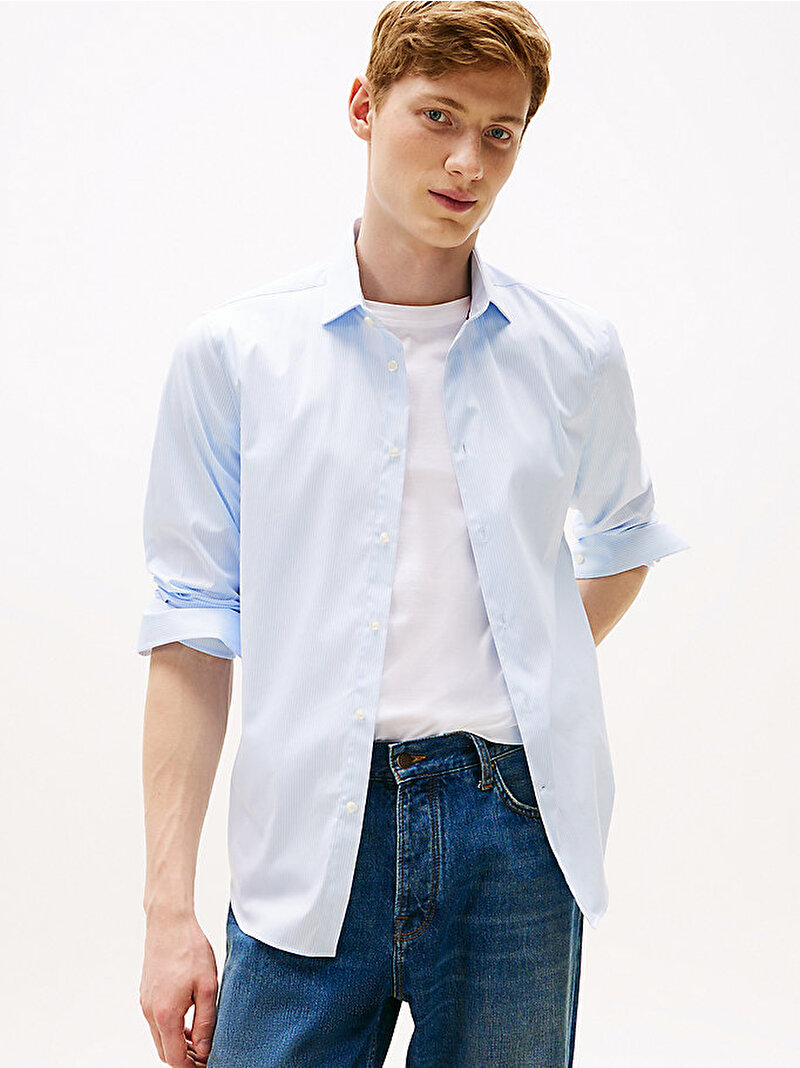 Erkek Flex Collar Stripe Gömlek Mavi  MW0MW39756C3Q