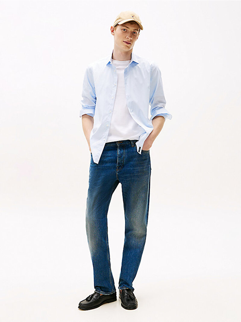 Erkek Flex Collar Stripe Gömlek Mavi  MW0MW39756C3Q