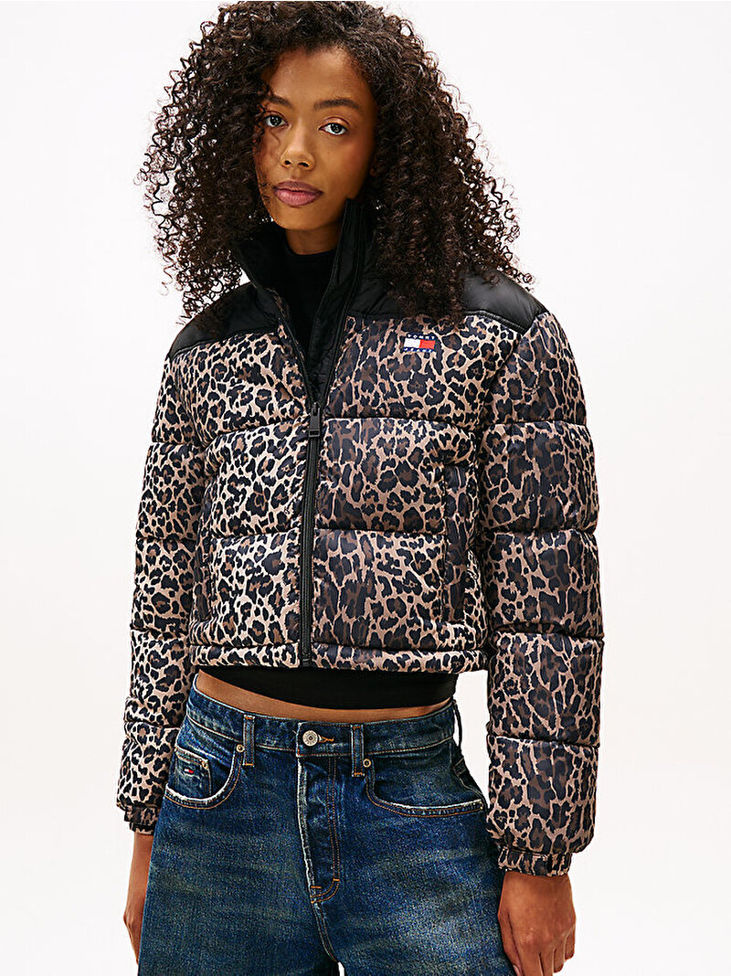 Kadın TJW Cropped Leopard Puffer Mont Kahverengi DW0DW219670HD