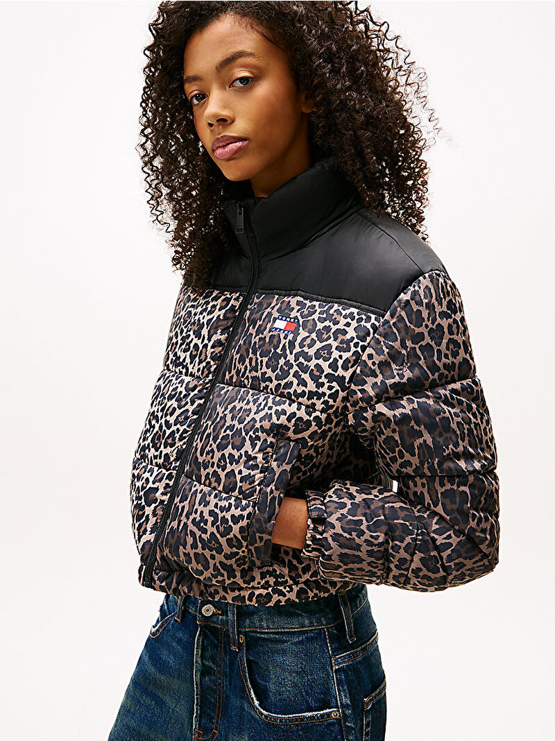 Kadın TJW Cropped Leopard Puffer Mont Kahverengi DW0DW219670HD
