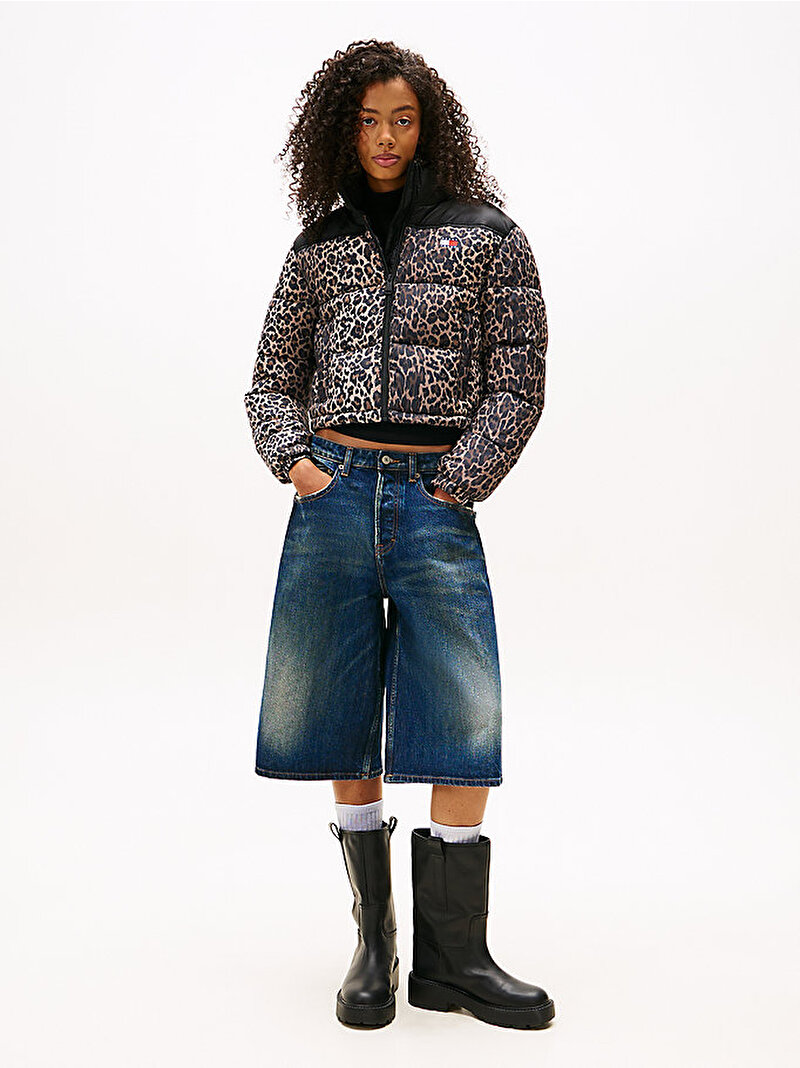 Kadın TJW Cropped Leopard Puffer Mont Kahverengi DW0DW219670HD