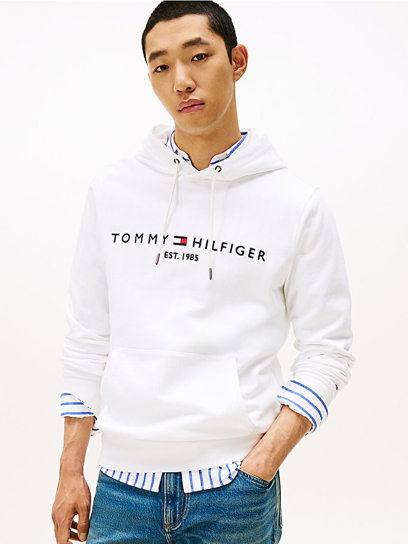 Erkek Tommy Logo Hoodie Beyaz  MW0MW13720YBR