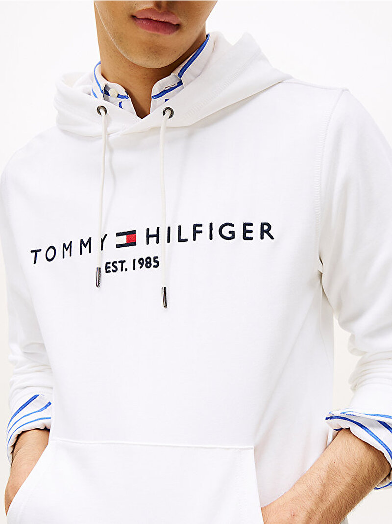 Erkek Tommy Logo Hoodie Beyaz  MW0MW13720YBR