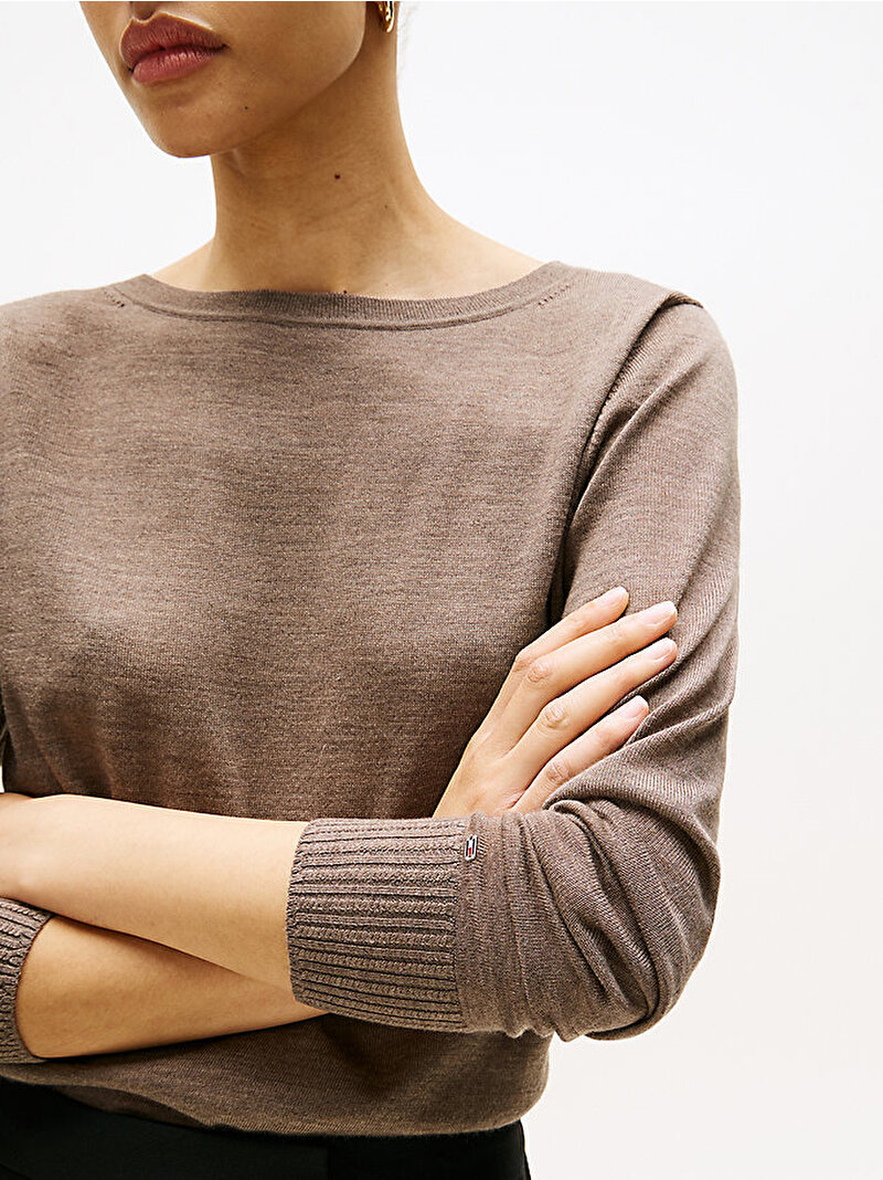 Kadın Merino Open Neck Kazak Bej  WW0WW47409ADL