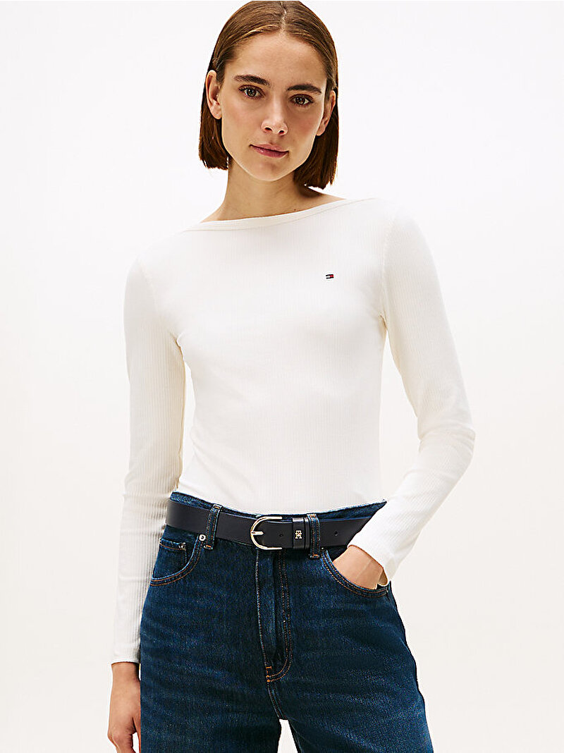 Kadın Slim Rib Boat Neck T-shirt Beyaz  WW0WW47309YA8