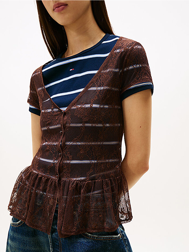 Kadın TJW Button T-shirt Kahverengi DW0DW21573GS7