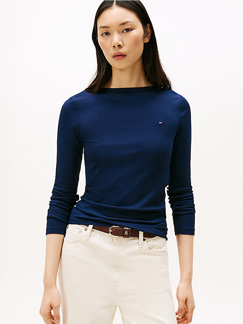 Kadın Slim Rib Boat Neck T-shirt Lacivert WW0WW47309C1G