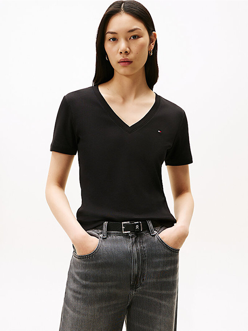 Kadın Slim Cody V-neck T-shirt Siyah WW0WW40584BDS