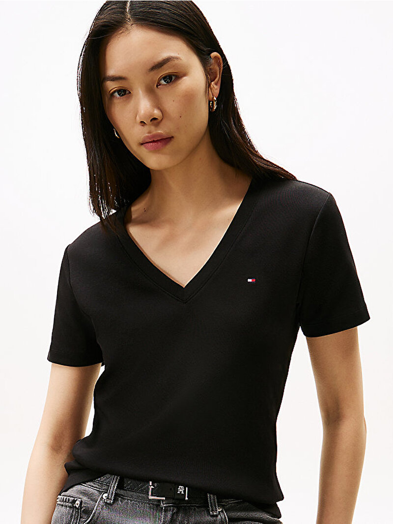 Kadın Slim Cody V-neck T-shirt Siyah WW0WW40584BDS