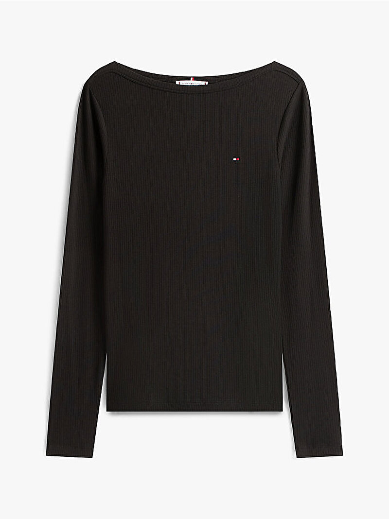 Kadın Slim Rib Boat Neck T-shirt Siyah WW0WW47309BDS