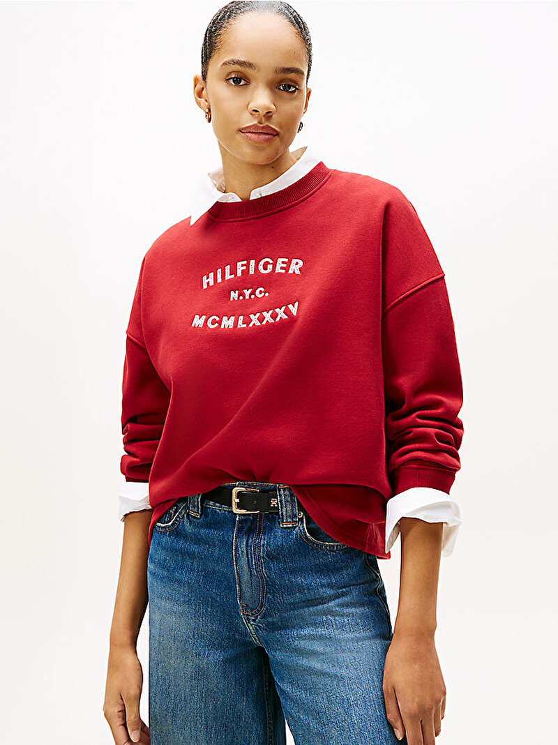 Kadın Hilfiger Fleece Sweatshirt Kırmızı WW0WW46814XIT