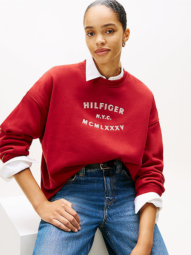 Kadın Hilfiger Fleece Sweatshirt Kırmızı WW0WW46814XIT