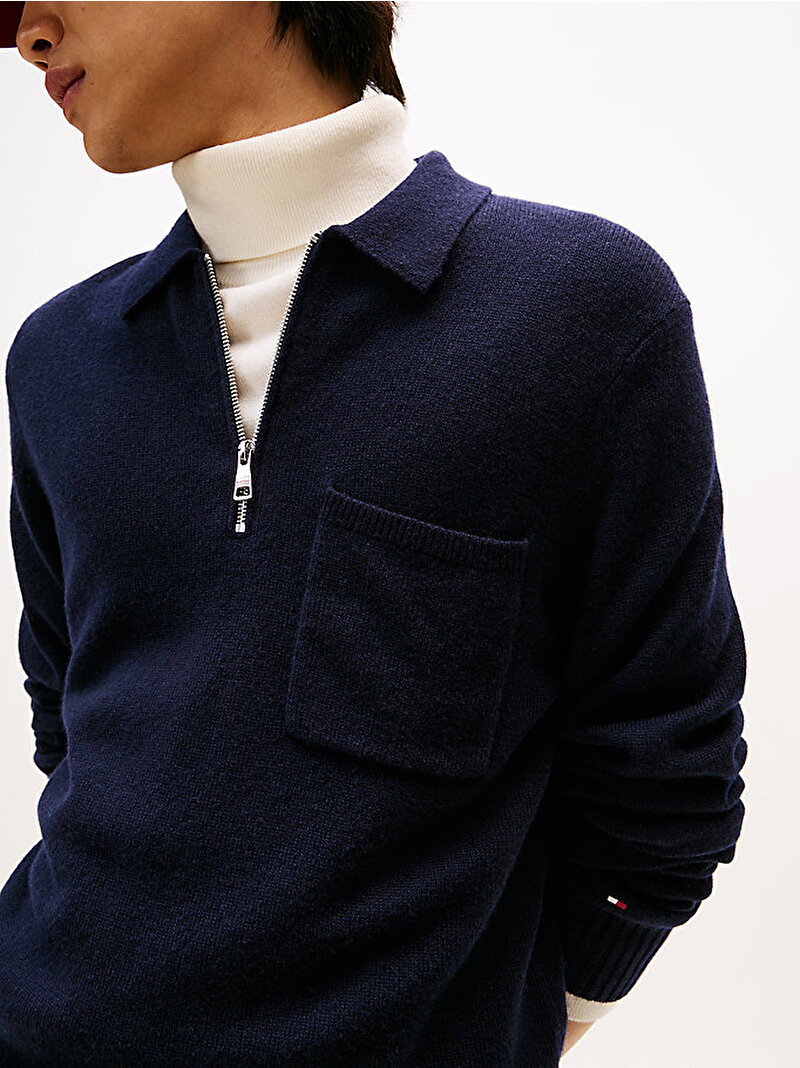 Erkek Lambswool Zip Polo Kazak Lacivert MW0MW40437DW5