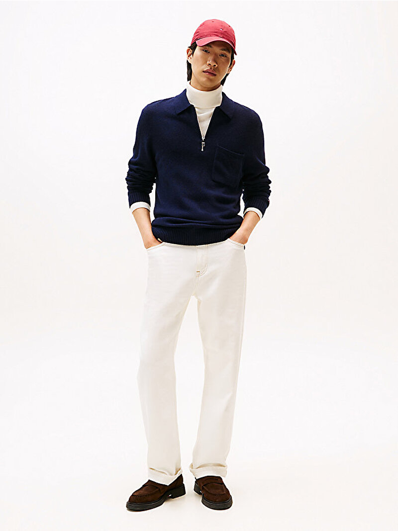 Erkek Lambswool Zip Polo Kazak Lacivert MW0MW40437DW5