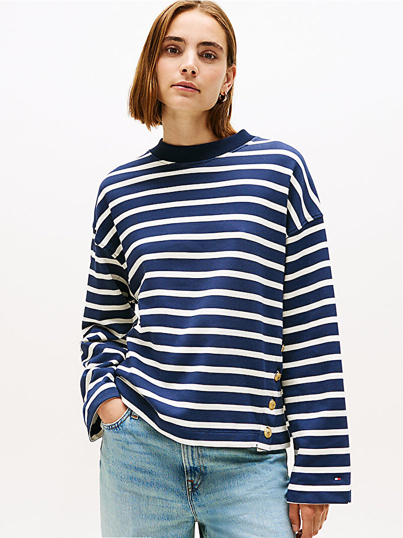 Kadın Gold Button Terry Sweatshirt Lacivert WW0WW475070Y7