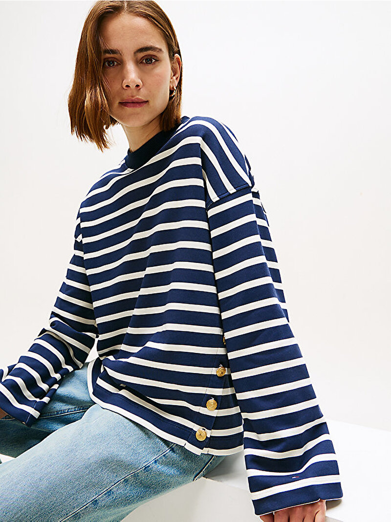 Kadın Gold Button Terry Sweatshirt Lacivert WW0WW475070Y7
