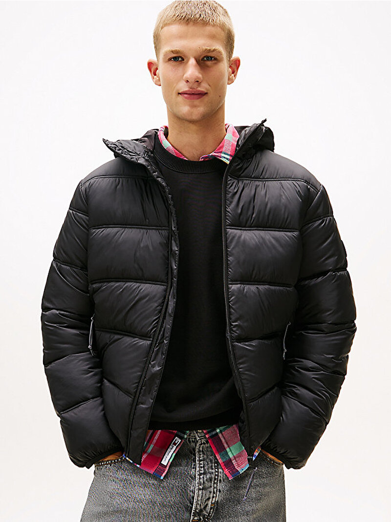 Erkek TJM Hooded Logo Puffer Mont Siyah DM0DM22044BDS