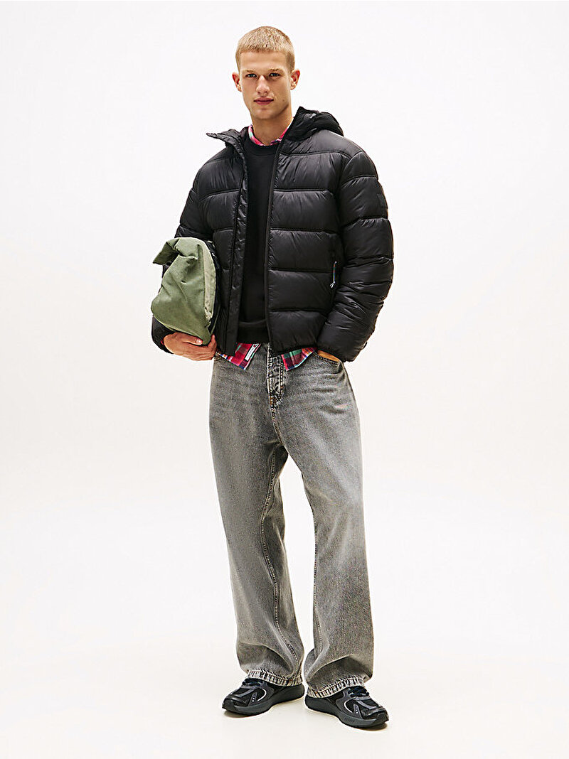 Erkek TJM Hooded Logo Puffer Mont Siyah DM0DM22044BDS