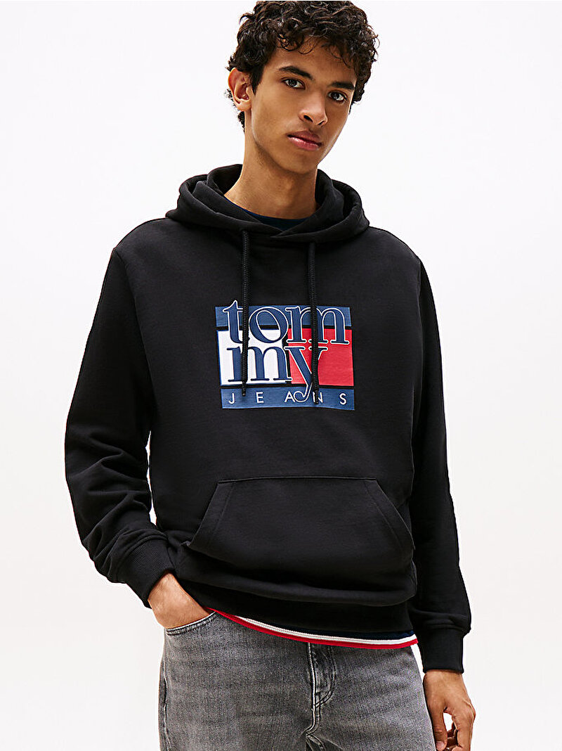 Erkek TJM Regular Flag Hoodie Siyah DM0DM22092BDS