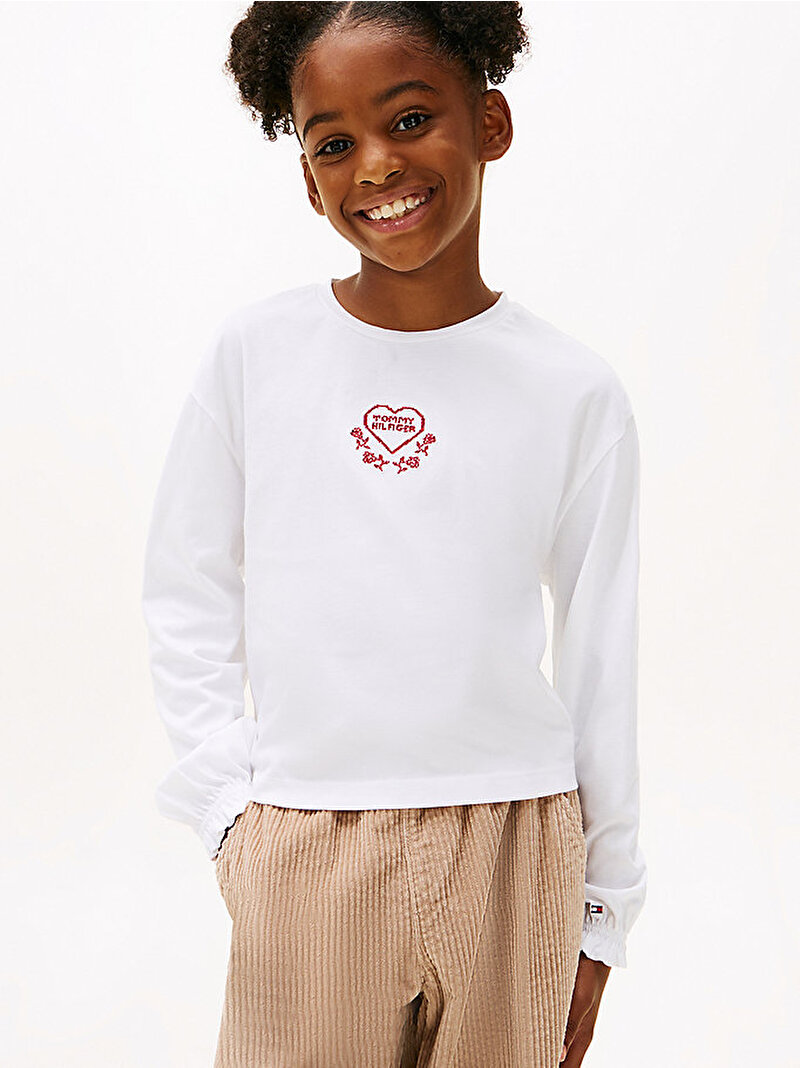 Kız Çocuk Embroidered Heart T-shirt Beyaz  KG0KG08811YBR