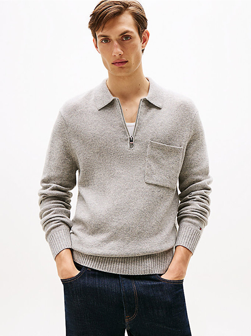 Erkek Lambswool Zip Polo Kazak Gri MW0MW40437P01