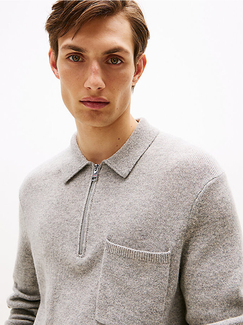 Erkek Lambswool Zip Polo Kazak Gri MW0MW40437P01