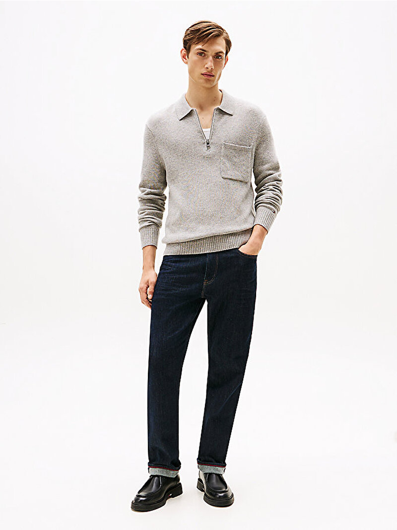 Erkek Lambswool Zip Polo Kazak Gri MW0MW40437P01