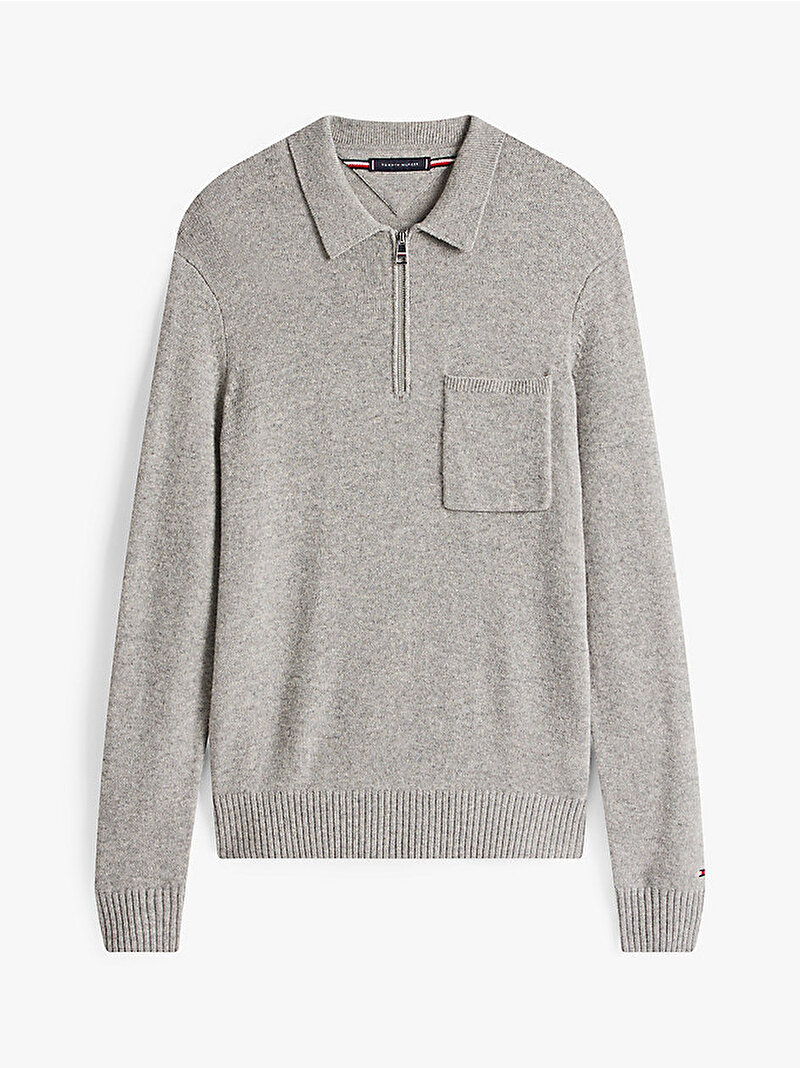 Erkek Lambswool Zip Polo Kazak Gri MW0MW40437P01