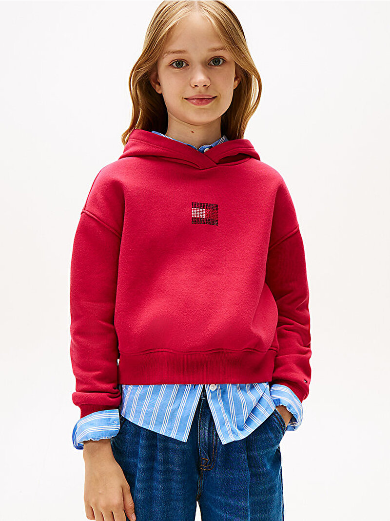 Kız Çocuk Rhine Stone Flag Hoodie Kırmızı KG0KG09016XJP